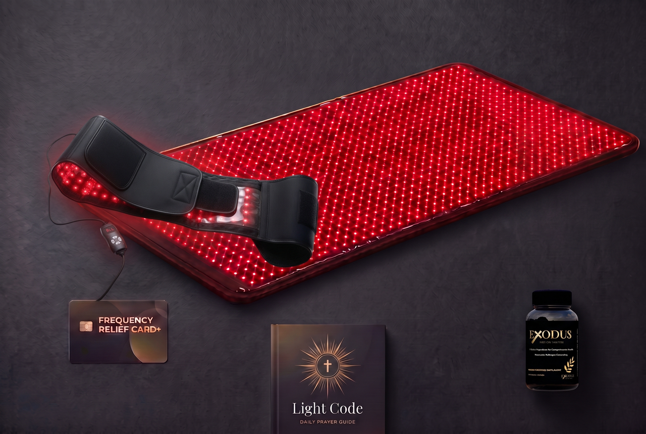 Total Body Reset kit with the Red Light Belt: full-body red light mat, wearable belt, frequency relief card, Exodus supplement, and the Light Code Daily Prayer Guide