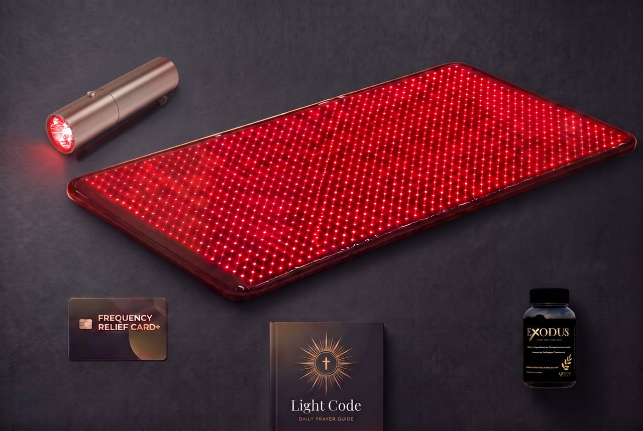 Total Body Reset kit with the Red Light Wand: full-body red light mat, wand, frequency relief card, Exodus supplement, and the Light Code Daily Prayer Guide