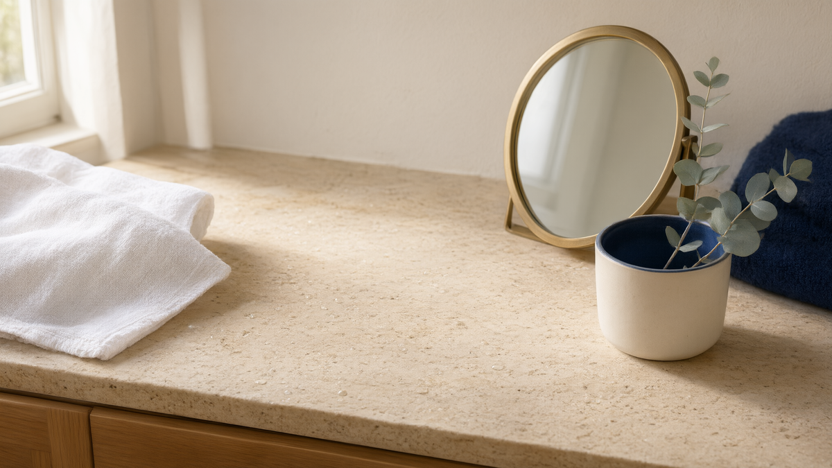 A travertine bathroom counter with a folded towel and eucalyptus