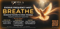 Exodus Strong Frequency Mist Breathe product packaging with a dove and dark background