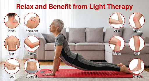Person stretching on yoga mat with light therapy benefits highlighted for multiple body areas