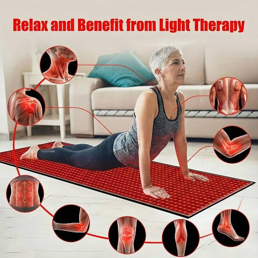 Older adult stretching on light therapy mat with benefits highlighted for multiple joints and muscles